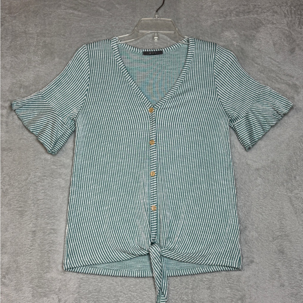 GYFT Women's Short Sleeve Green and White Striped T shirt Front Tie Size Small